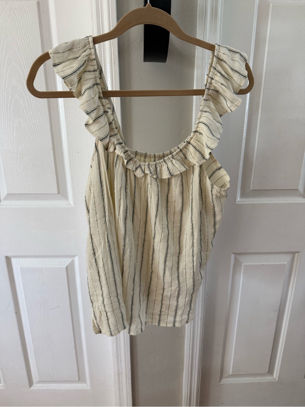 LOFT Cream and Black Striped Ruffle Neck Camisole
